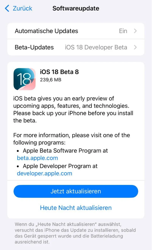 萧山苹果手机维修分享苹果 iOS / iPadOS 18 开发者预览版 Beta 8 发布 